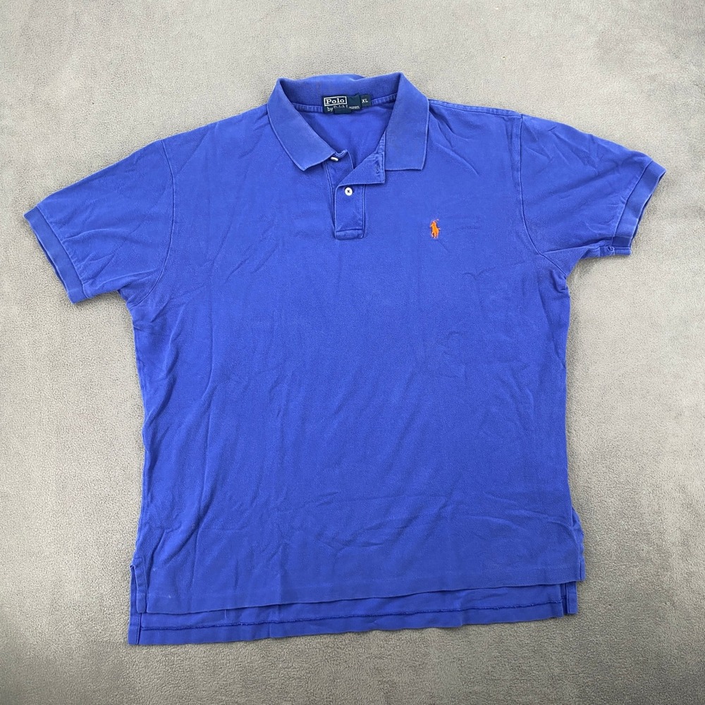 Polo Ralph Lauren Mens XL Blue Short Sleeve Pique Polo Shirt Orange Pony Logo